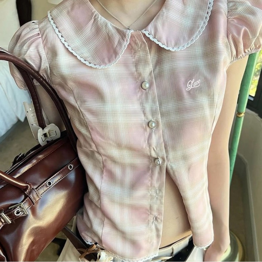 Women’s Pink Plaid Button-Front Top